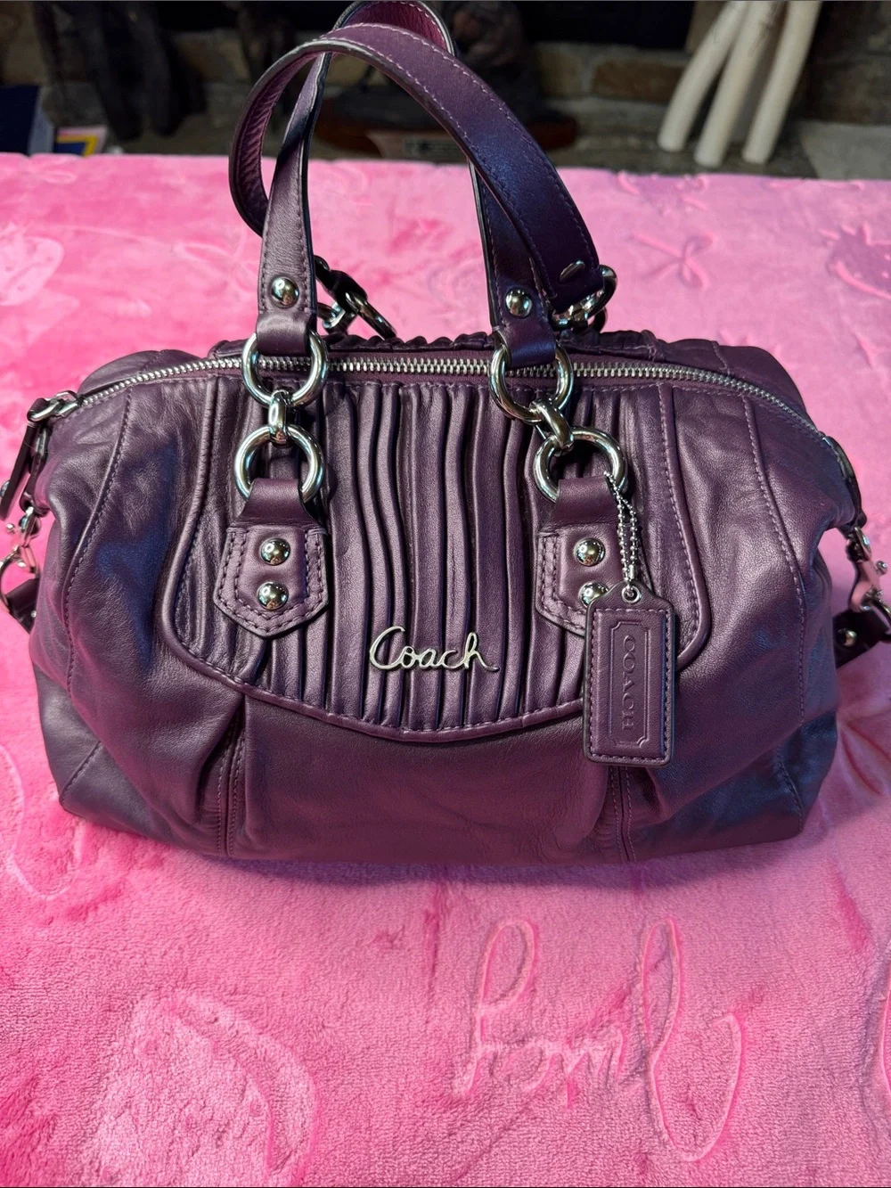 Coach Madison Deep Purple Leather Convertible Strap Satchel
